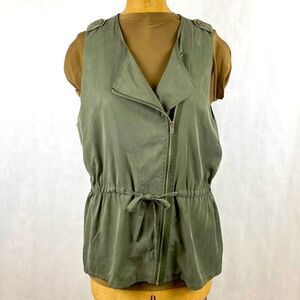 Pixley Asymmetrical Vest Sz Large Jacket Olive Army Green Zipper Cinch Waist Tie